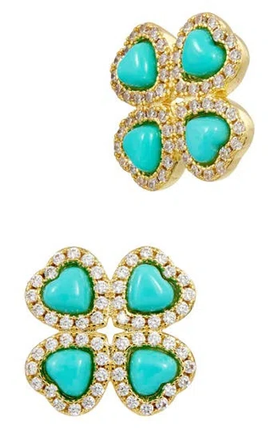 Savvy Cie Jewels Simulated Turquoise & Cubic Zirconia Heart Clover Stud Earrings In Gold