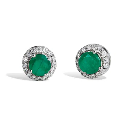 Savvy Cie Jewels Ss 925 1.30gtw Natural Emerald & White Zircon Stud Earrings In Green