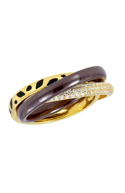 Savvy Cie Jewels Sterling Silver .925 And Black Ceramic Cz Multi Band Ring In Gold
