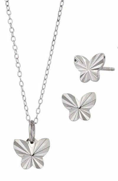 Savvy Cie Jewels Sterling Silver Butterfly Stud Earrings & Pendant Necklace Set In Metallic