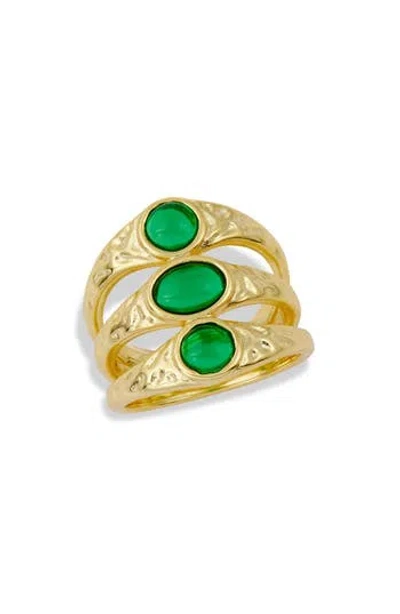 Savvy Cie Jewels Triple Cz Split Shank Ring In Yellow Gold/green