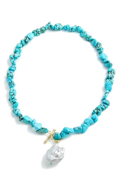 Savvy Cie Jewels Turquoise Toggle Necklace With Pearl Drop In Blue