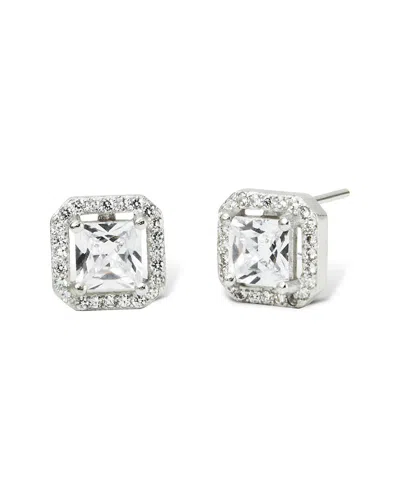 Savvy Cie Rhodium Plated Silver Cz Asscher Cut Halo Studs