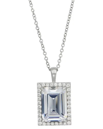 Savvy Cie Silver Cz Emerald Cut Halo Necklace In Metallic