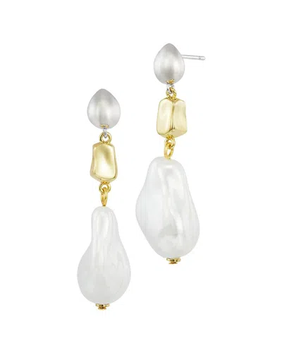 Savvy Cie Two-tone Plated 15-16mm Pearl Drop Earrings In White