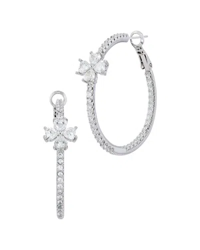 Savvy Cie White Rhodium Plated Bronze Cz Hoop With Fleur De In Metallic