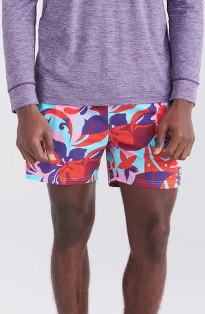 Saxx Floral Print 2n1 Volley Shorts In Tropical Lens- Red Multi