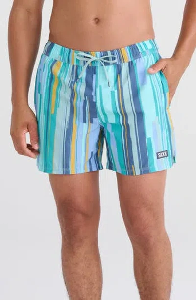 Saxx Oh Buoy 2-in-1 Volley Swim Shorts In Soft Stripe- Aqua Splash