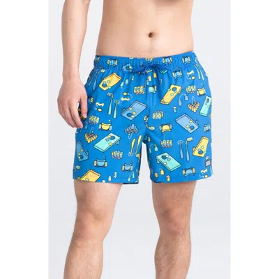 Saxx Oh Buoy 2n1 Volley Swim Shorts In Beer Olympics- Racer Blue