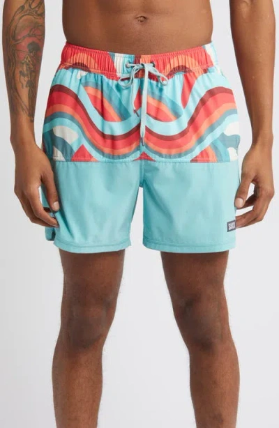 Saxx Oh Buoy Stripe 2-in-1 Hybrid Shorts In Giant Wave/sea Foam