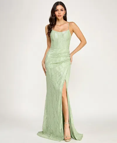 Say Yes City Studios Juniors' Sequin Corset Strappy Scoop Neck Gown In Green