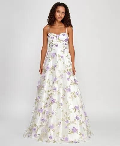 Say Yes Juniors' 3d Floral Embellished Ball Gown, Created For Macy's In Ivory,lavender
