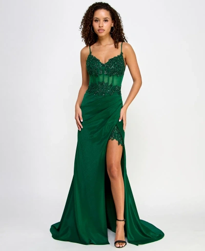 Say Yes Juniors' Beaded Sweetheart Satin Corset Gown, Created For Macy's In Hutner,hunter