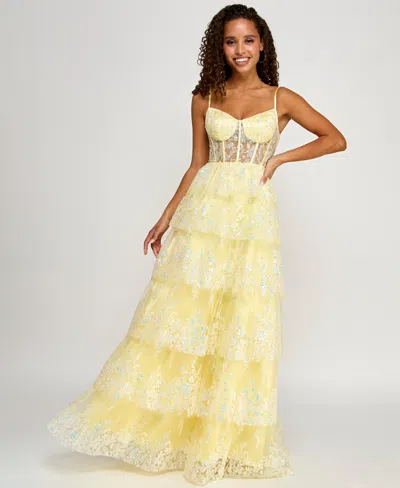 Say Yes Juniors' Embellished Ruffled Sleeveless Ball Gown, Created For Macy's In Light Yellow