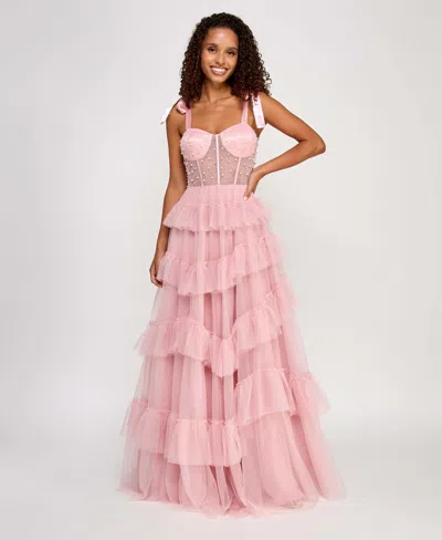Say Yes Juniors' Faux-pearl-corset Ruffled-skirt Ball Gown, Created For Macy's In Blush