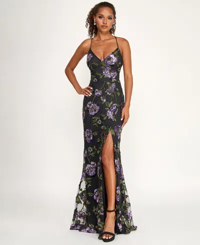 Say Yes Juniors' Floral Embroidery Sequin Applique Front Slit Gown In Black