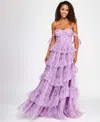 Say Yes Juniors' Floral-print Tiered Off-the-shoulder Ball Gown, Created For Macy's In Lavender Berry