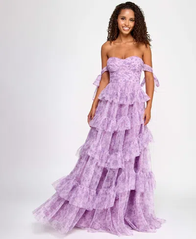 Say Yes Juniors' Floral-print Tiered Off-the-shoulder Ball Gown, Created For Macy's In Lavender Berry
