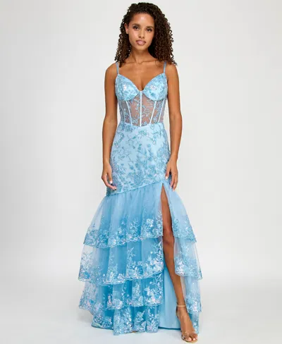 Say Yes Juniors' Floral Sequin Embellished Corset Gown, Created For Macy's In Blue