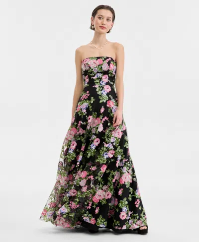 Say Yes Juniors' Floral-sequinned Strapless Gown In Black