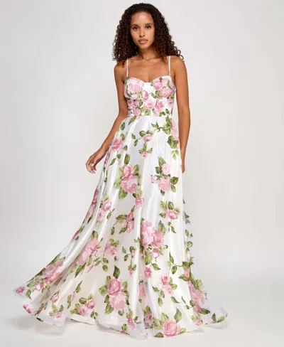 Say Yes Juniors' Rhinestone Floral Corset Sweetheart Gown, Created For Macy's In Ivory Blush