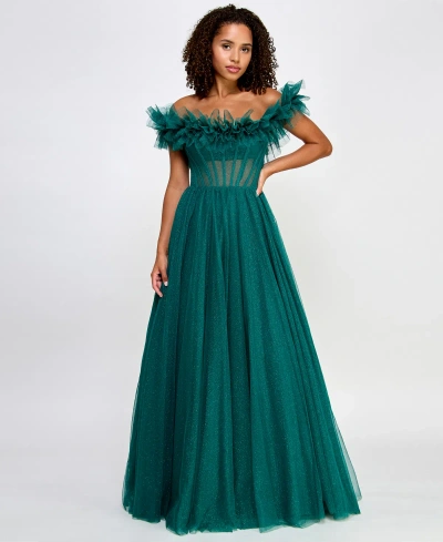 Say Yes Juniors' Ruffled-neckline Shimmering Ball Gown, Created For Macy's In Jade