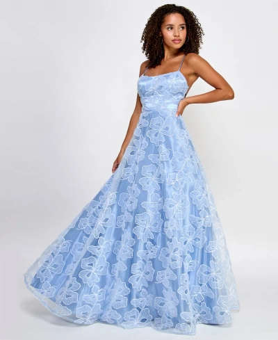 Say Yes Juniors' Sequin-and-lace Strappy Ball Gown, Created For Macy's In Sky Blue