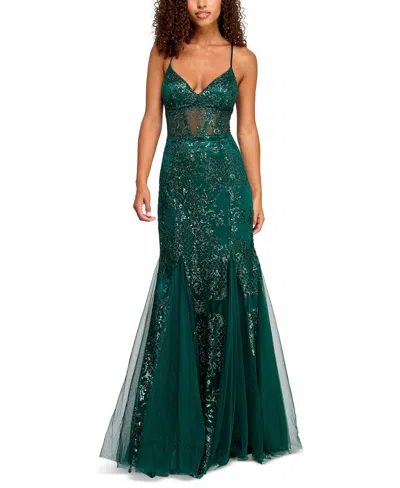 Say Yes Juniors' Sequin Mesh-inset Mermaid-skirt Gown, Created For Macy's In Hunter