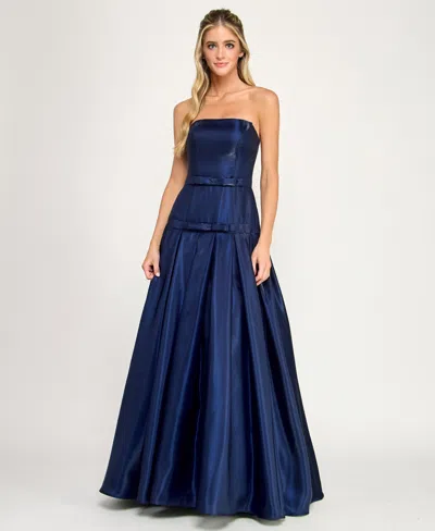 Say Yes Juniors' Strapless Bow Detail Ball Gown In Blue