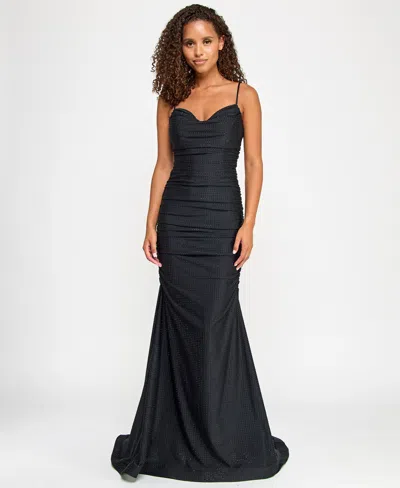 Say Yes Juniors' Studded Cowlneck Ruched Floor-sweeping Gown, Created For Macy's In Black,black