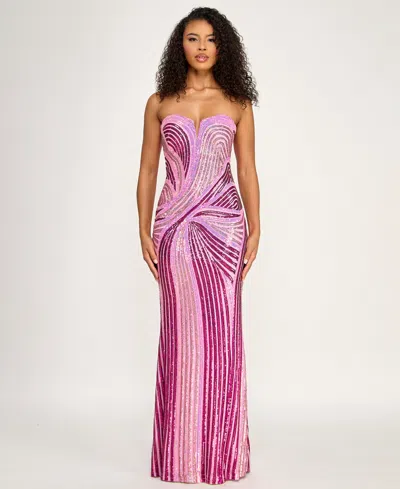 Say Yes Juniors' Swirl Strapless Sequined Dress In Purple