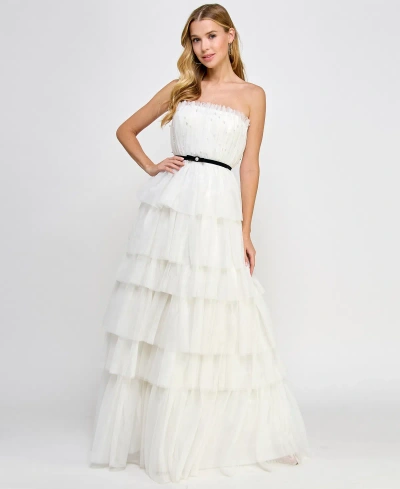 Say Yes Juniors' Tulle & Faux Pearl Tiered Ball Gown, Created For Macy's In White