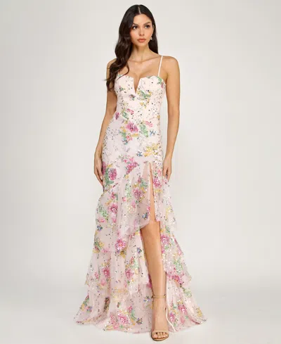 Say Yes Juniors' V-neck Embroidered Sequin Corset Mermaid Gown In Pink