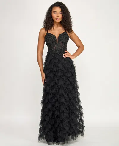 Say Yes Juniors' V-neck Ruffled Skirt Gown In Black