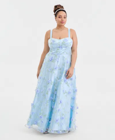 Say Yes Trendy Plus Size Floral Print Applique Gown, Created For Macy's In Periwinkle