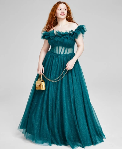 Say Yes Trendy Plus Size Off-the-shoulder Tulle Gown, Created For Macy's In Jade