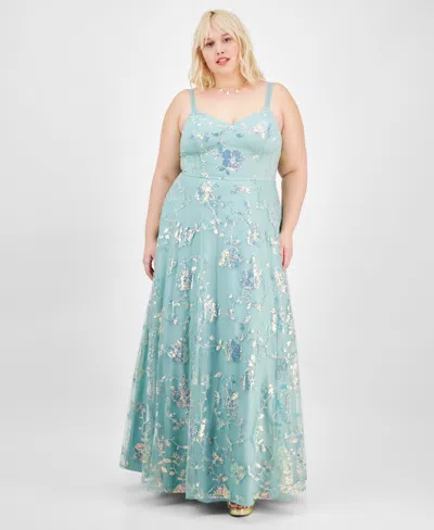 Say Yes Trendy Plus Size Sequined Embroidered Ball Gown, Created For Macy's In Med Green