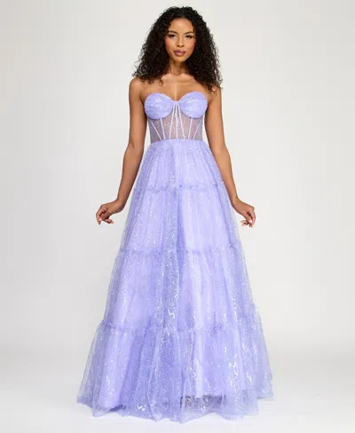 Say Yes Women's Strapless Sweetheart Neck Illusion Gown In Blue