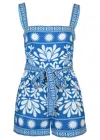 Saylor Catrice Folk Monstera Print Romper In Blue