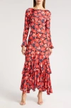 Saylor Cher Floral Long Sleeve Tiered Mermaid Gown In Red Floral Multi