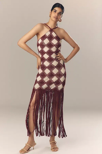 Saylor Dragana Halter Crochet Fringe Midi Dress In Red