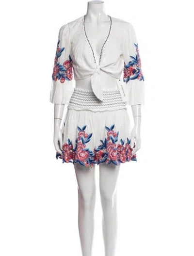 Pre-owned Saylor Floral Print Cutout Accent Skirt Set In White