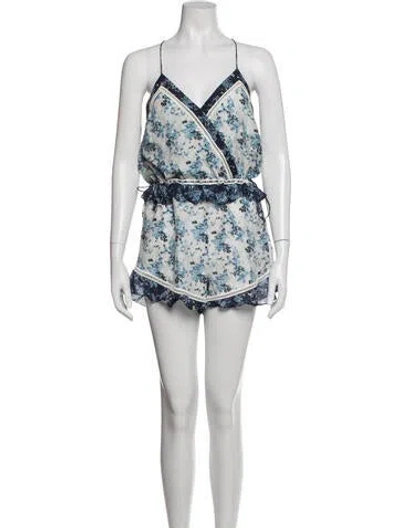 Pre-owned Saylor Floral Print V-neck Romper In Blue/white