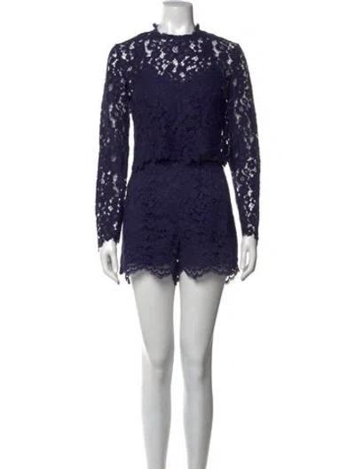 Pre-owned Saylor Lace Pattern Mock Neck Romper In Blue