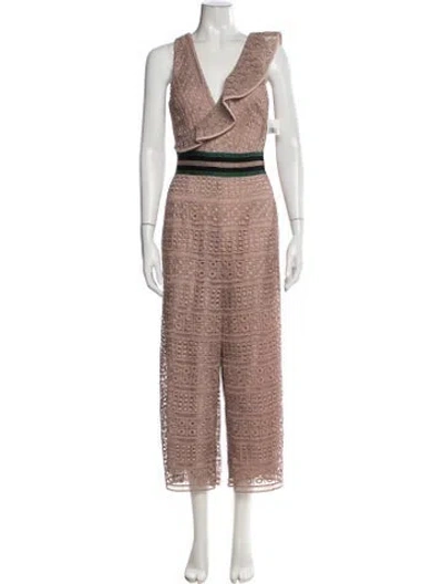 Pre-owned Saylor Lace Pattern V-neck Jumpsuit In Brown