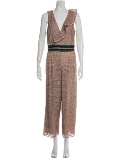 Pre-owned Saylor Lace Pattern V-neck Jumpsuit In Brown