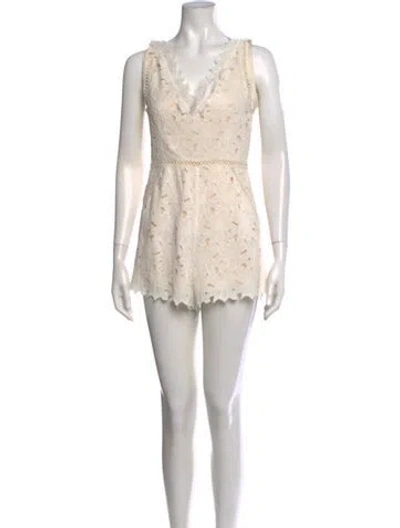 Pre-owned Saylor Lace Pattern V-neck Romper In White