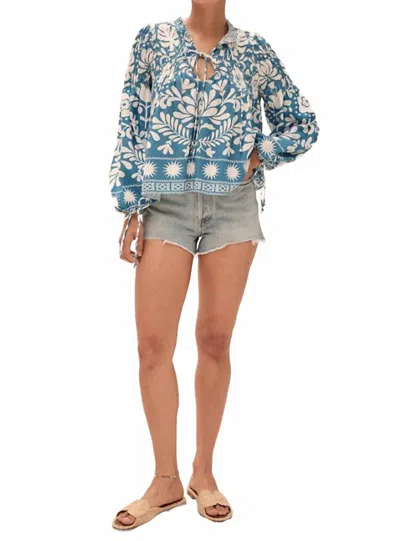 Saylor Orlagh Blouson Sleeve Top In Folk Monstera Print In Blue