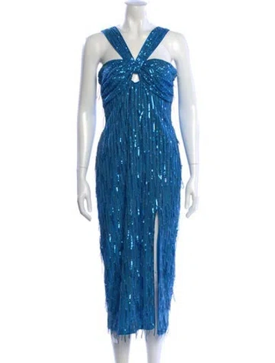 Pre-owned Saylor Patterned Midi Length Dress In Blue