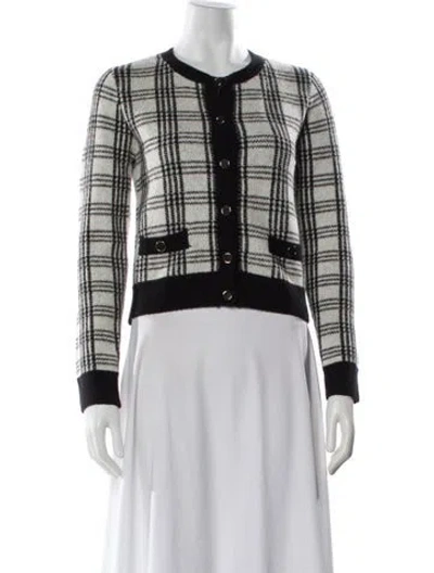 Pre-owned Saylor Plaid Print Crew Neck Sweater In White